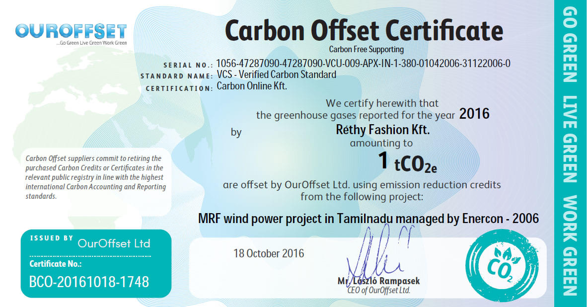 Nagyításhoz Klikk a képre >> Vállalati felelősségvállalás - Carbon Offset | Réthy Fashion Kft.